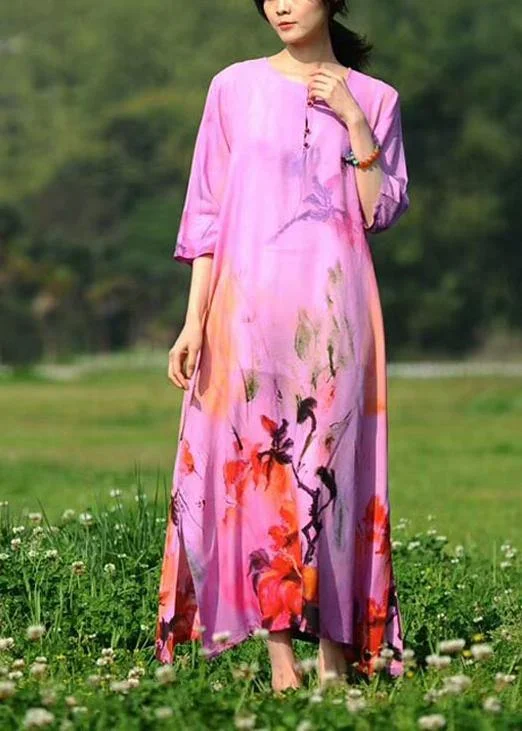 Modern O Neck Half Sleeve Summer Tunic Dress Pink Print Long Dress