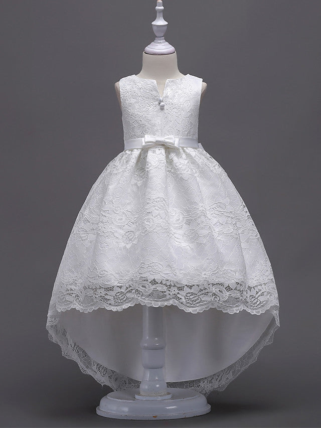 Oknass Asymmetrical Sleeveless V Wire  Flower Girl Dresses  Lace Satin Tulle With Lace  Belt  Bow