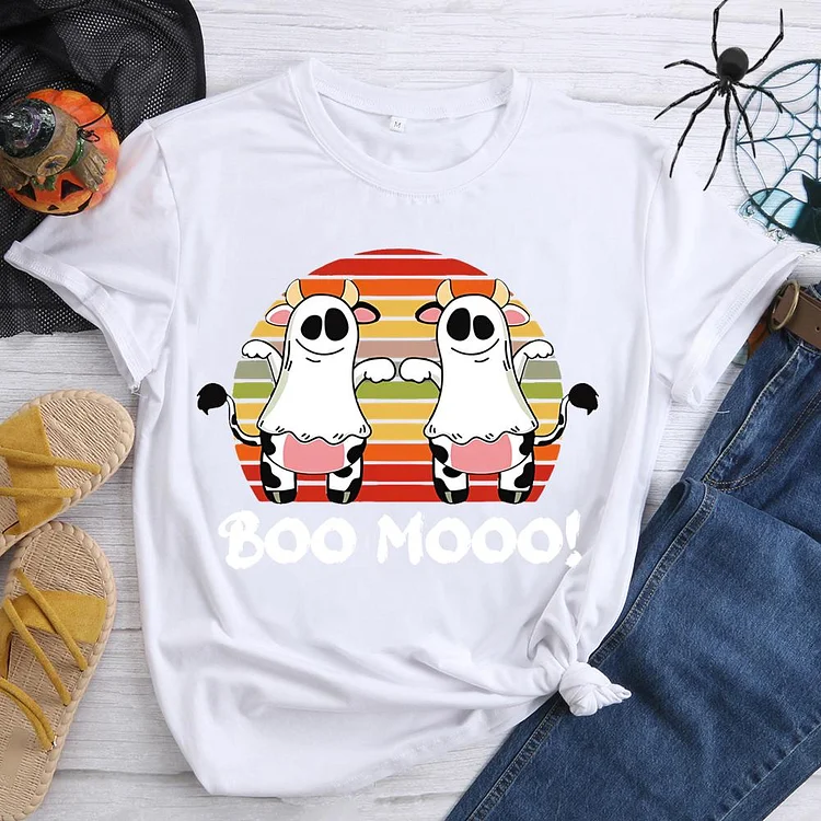 Boo Mooo Halloween Round Neck T-shirt-0019070