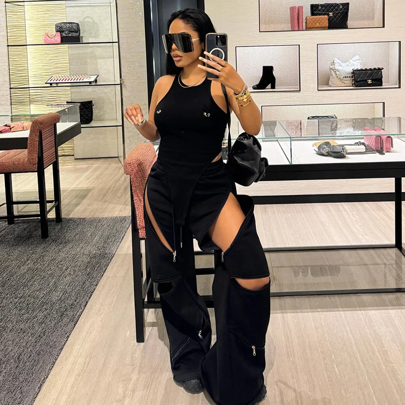 Uveng Uveng Women's Autumn And Winter Pure Color High-Waisted Multi-Waist Zipper Tight Rope Loose Sports Leisure Pants