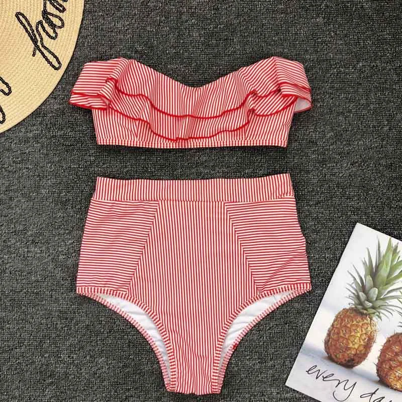 2019 Sexy High Waist Bikini Swimwear Women Striped Biquini Ruffled Swim Bathing Suit Off Shoulder Swimsuit Vintage Bikinis