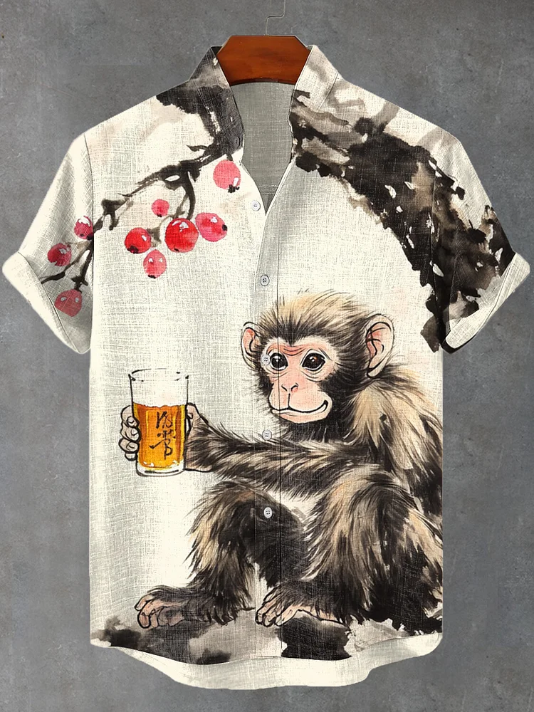 Men's Monkey Sitting Under A Plum Tree Drinking Beer Art Print Casual Shirt