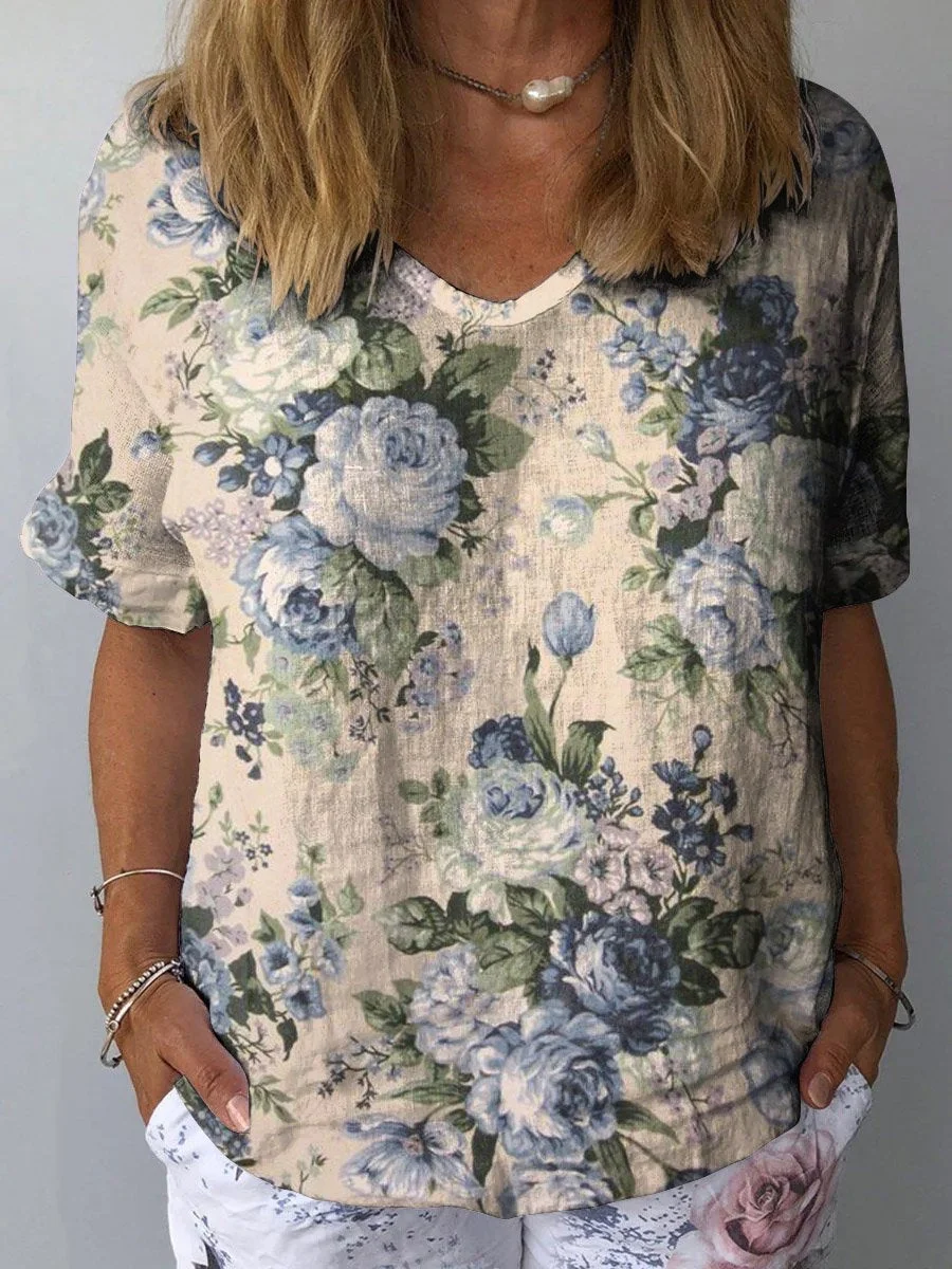 Women's Retro Floral Art Print Casual Cotton And Linen Shirt