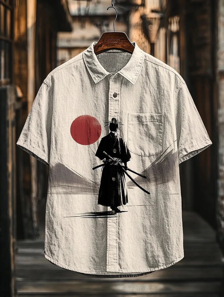 Men's Japanese Samurai Print Short Sleeve Shirt