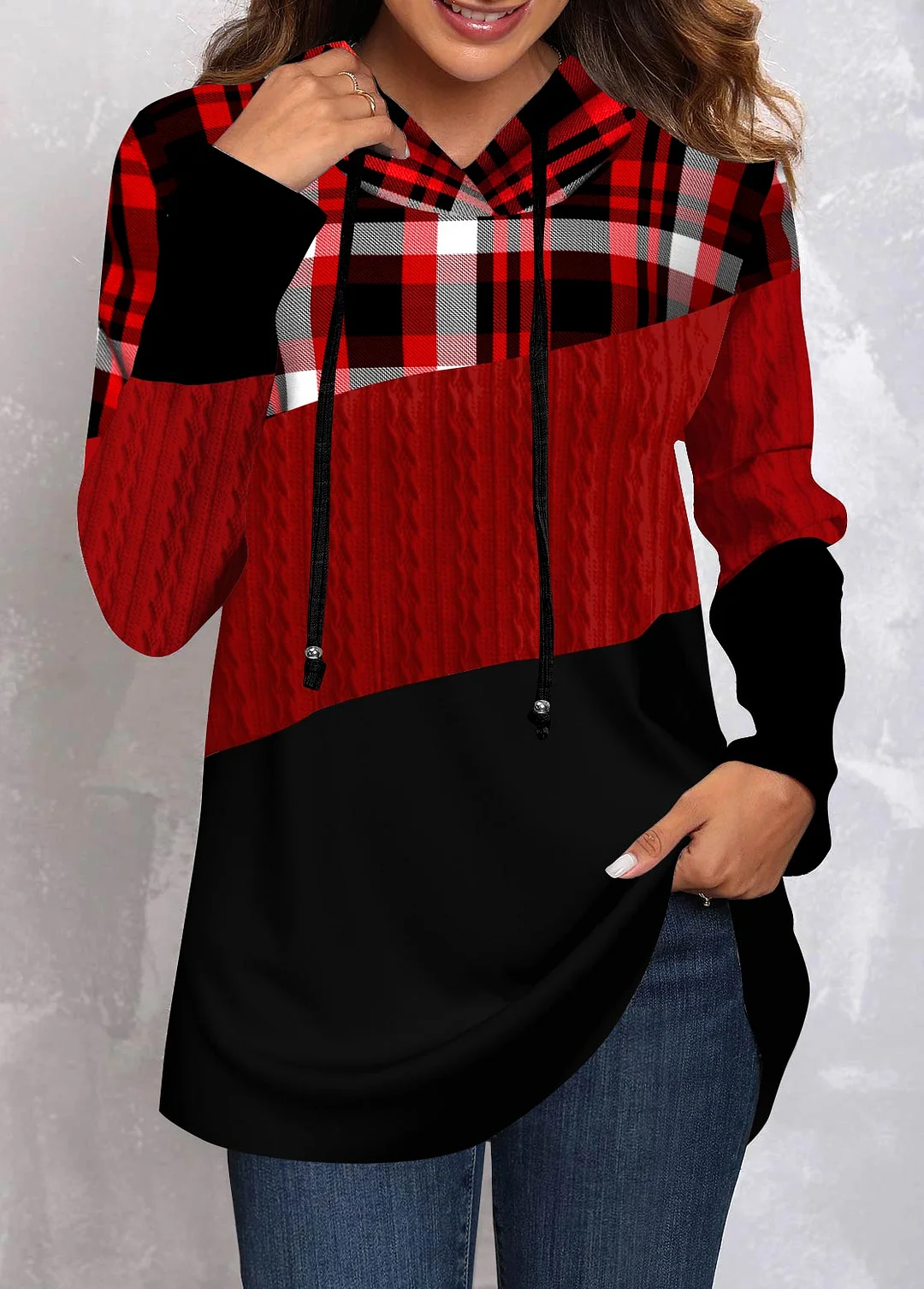 Plaid Print Knitted Casual Hoodie