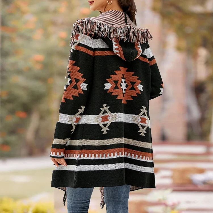 Fringed Hooded Knitted Cardigan