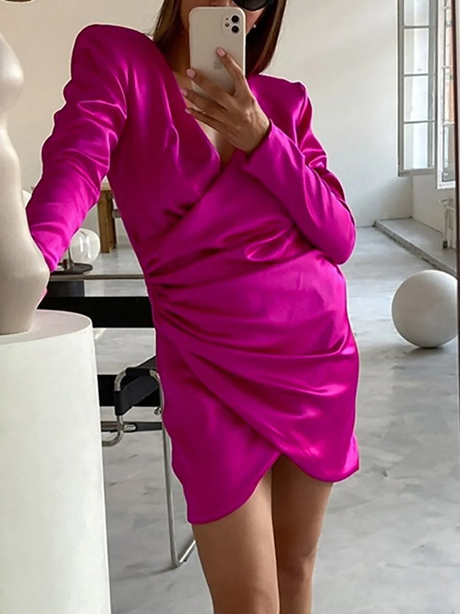 Sexy V-neck long-sleeved satin dress