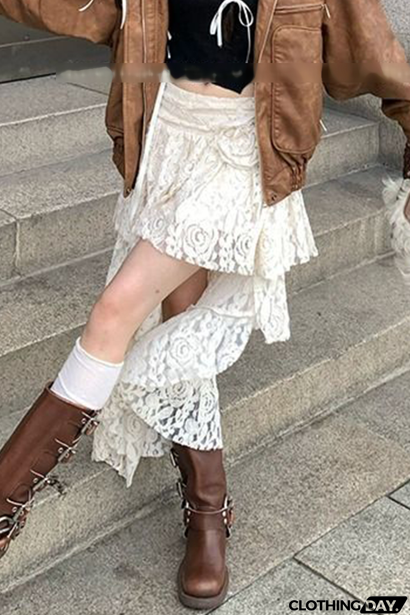 Casual Street Lace Irregular High Waist Solid Color Bottoms