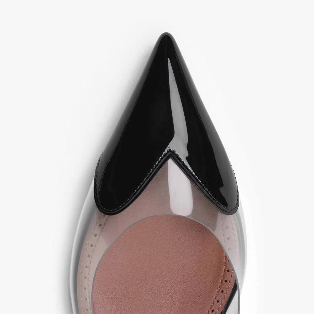 Pointed Toe Kitten Heel Slingback Clear Black Pumps with Buckle