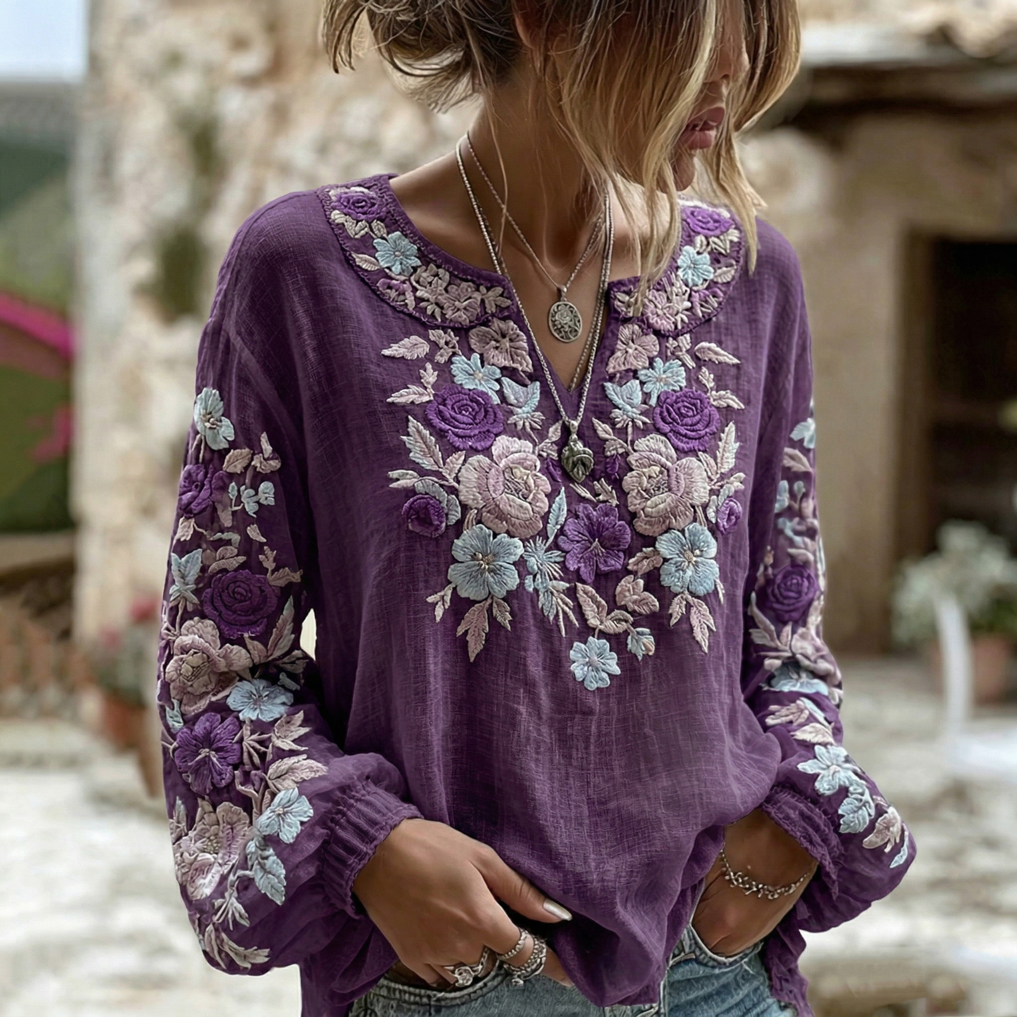 Women's Bohemian Floral Pattern V-neck Linen Blend Blouses elevenforest