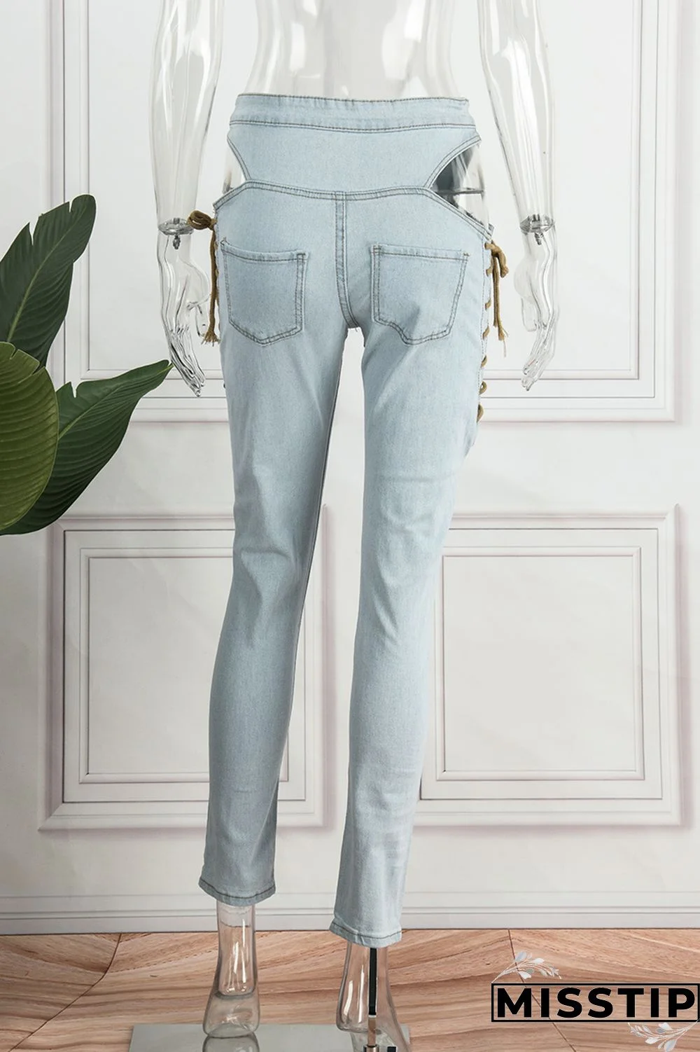Light Blue Casual Solid Ripped Hollowed Out Frenulum Mid Waist Skinny Denim Jeans