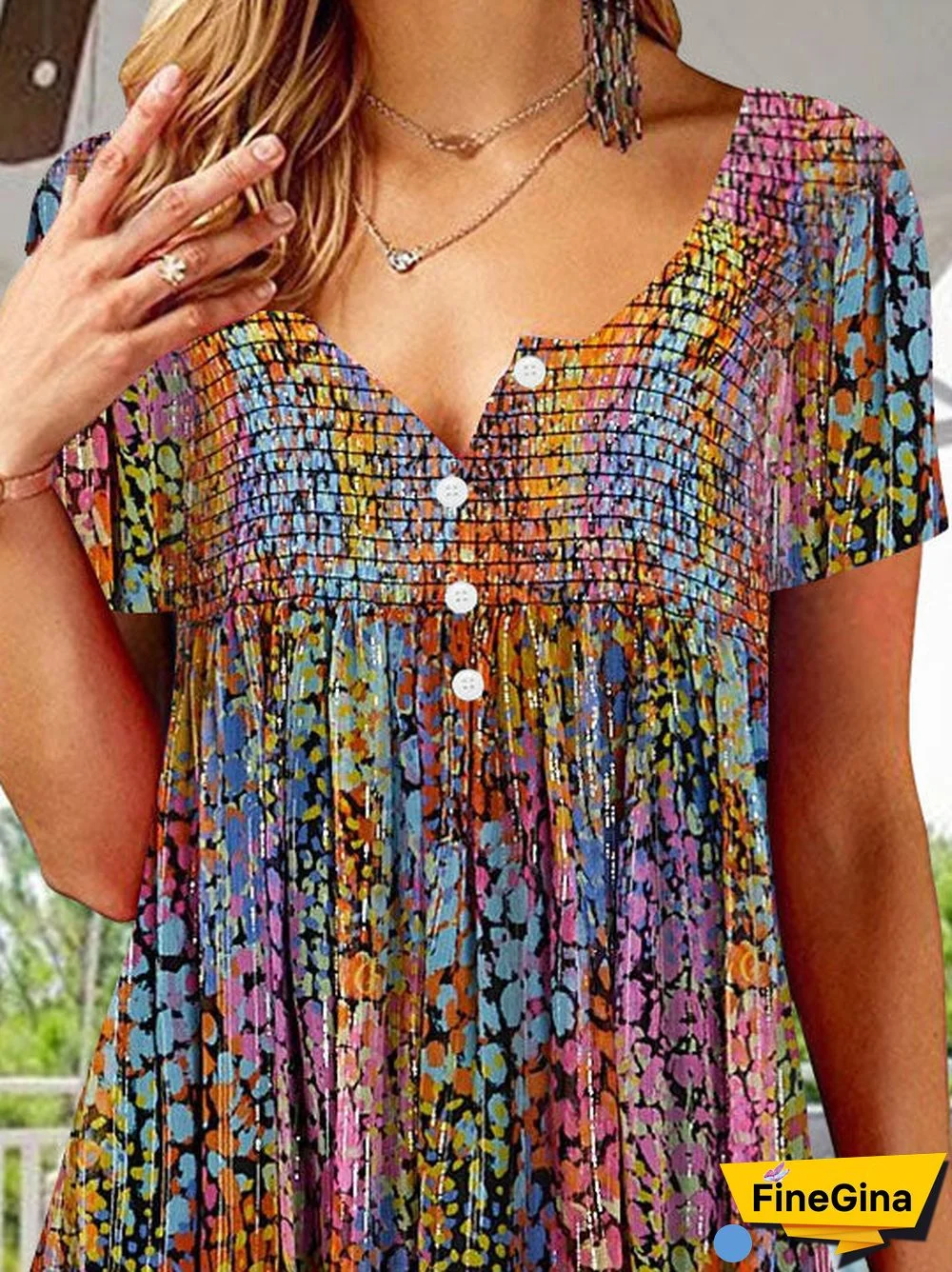 Women's Short Sleeve V-neck Colorful Graphic Button Top