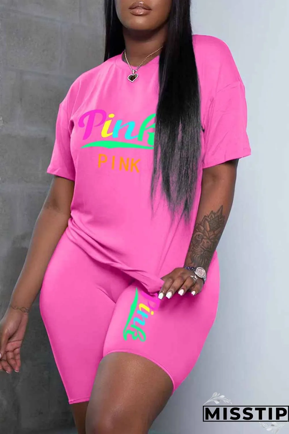 Grey Casual Print Letter O Neck Short Sleeve Two Pieces