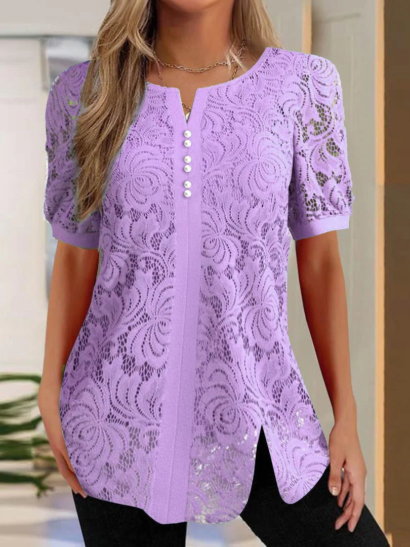 Women's Printed Buttons Short Sleeve V-neck Top