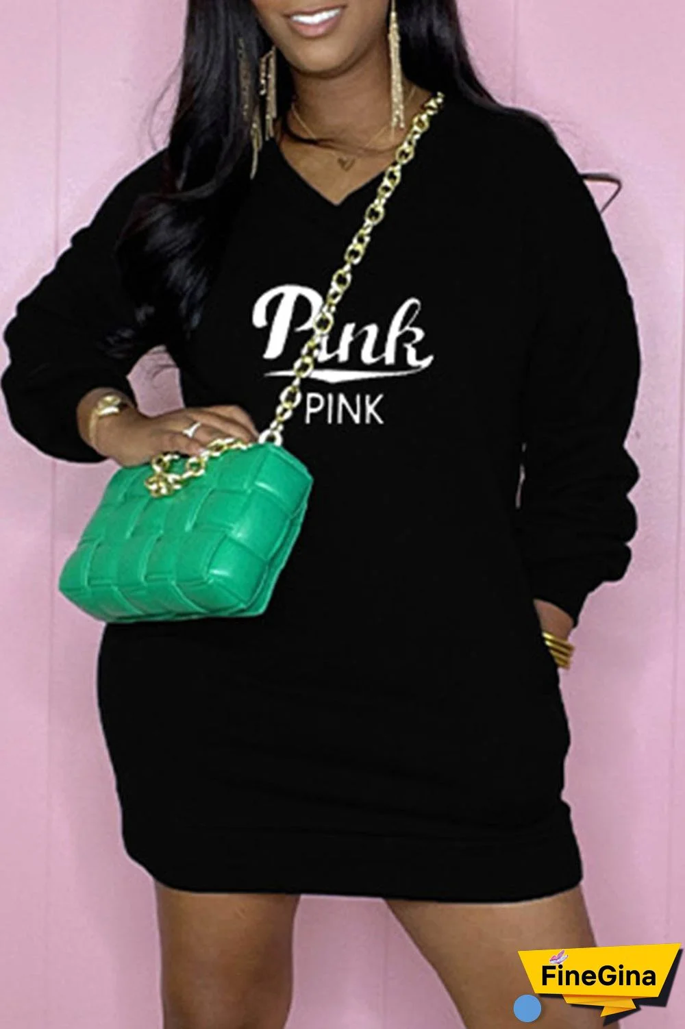 Blue Casual Letter Print Patchwork V Neck Long Sleeve Dresses