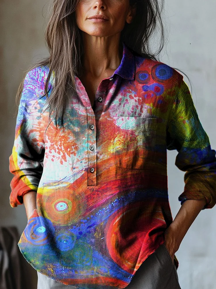 Women's Abstract Rendering Color Art Print Casual Cotton And Linen Shirt