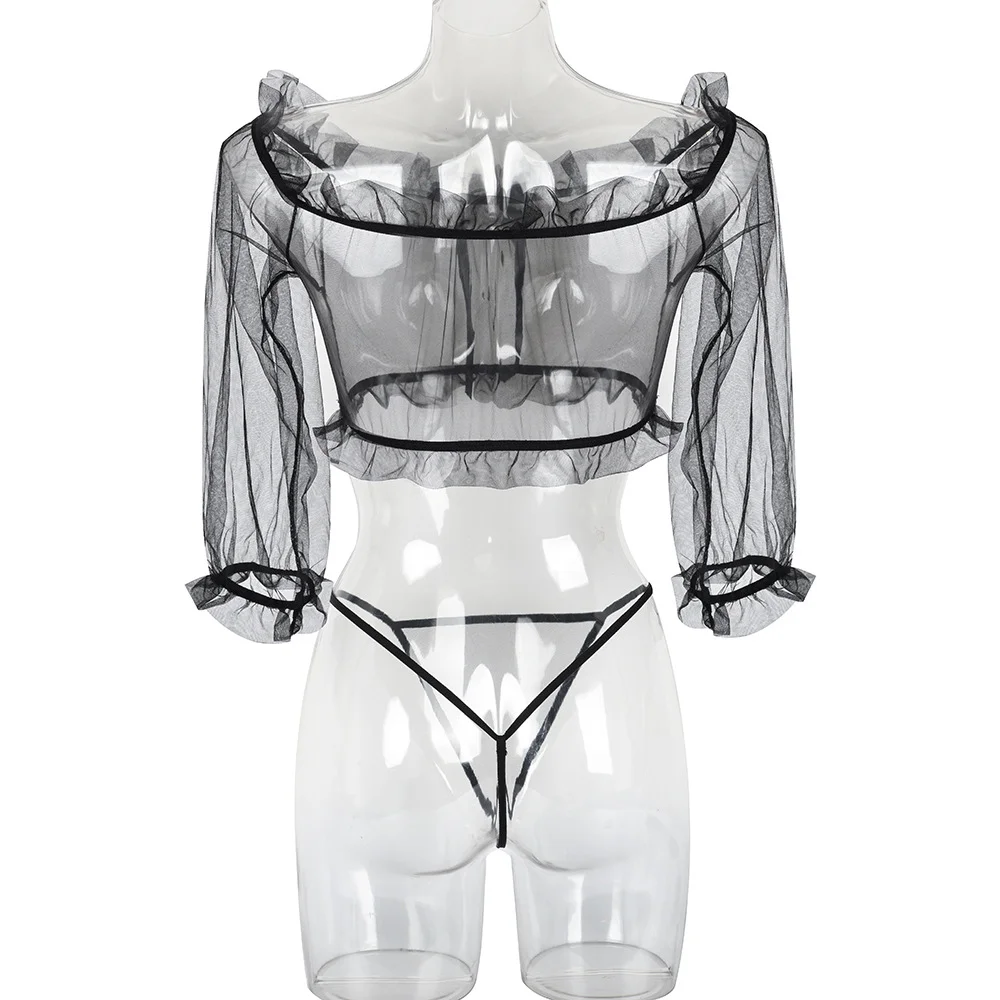 Billionm Mesh Sheer Lingerie Set Women Half Length Sleeve Top and Low Waist Thong G String Briefs See Through Open Cup Sexy Bra and Panty
