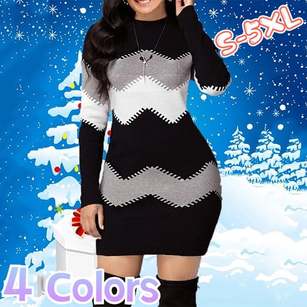 New Fashion Sexy Club Party Ladies Dresses Christmas Print Multicolor Dress Striped Wave Knitted Sweater Dress Autumn And Winter Dress - BlackFridayBuys