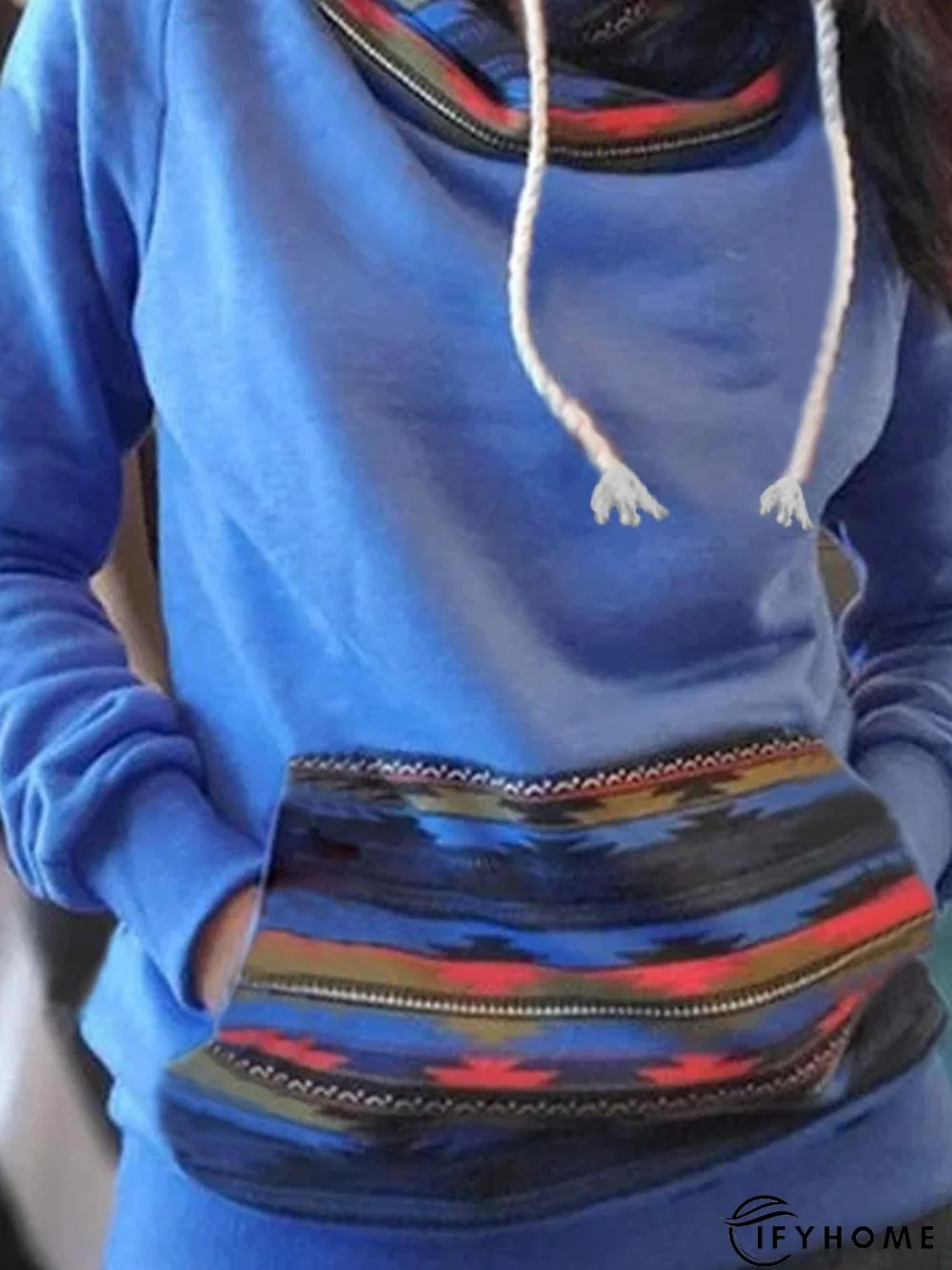 Blue Patchwork Hoodie Vintage Printed Sweatshirts | IFYHOME