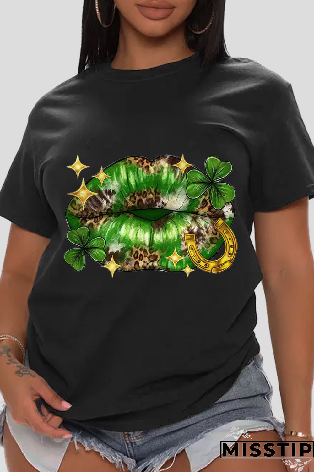 Black Street Print Patchwork O Neck T-Shirts