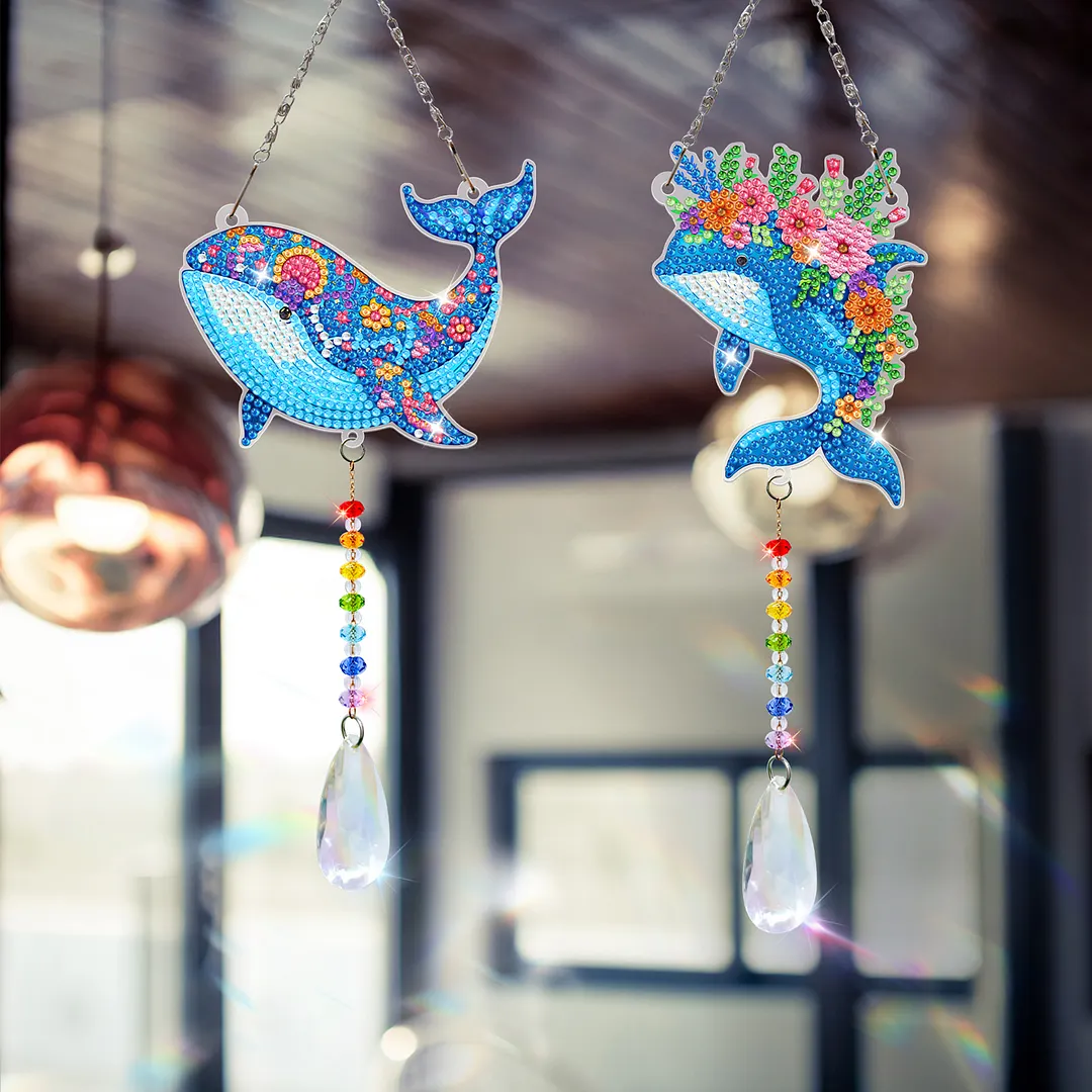 2Pcs Dolphin DIY Double-Sided Diamond Painting Hanging Kits Diamond Painting Suncatcher Craft Kit for Home Garden Wall Decor Gift