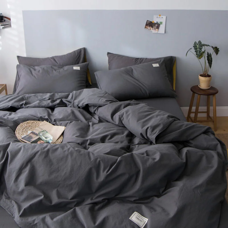 Aonga Simple Bedding Set Plaid Sold Color Single Queen Size Duvet Cover No Filling Boys Girls Flat Sheet Pillowcase Kit aonga