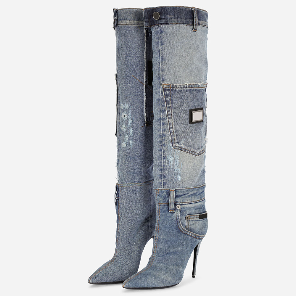 Blue Denim Pocket Decor Pointed Toe Heeled Over The Knee Boots