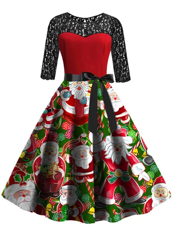 Women's Long Sleeve Panel Pose Christmas Dress Flusfy