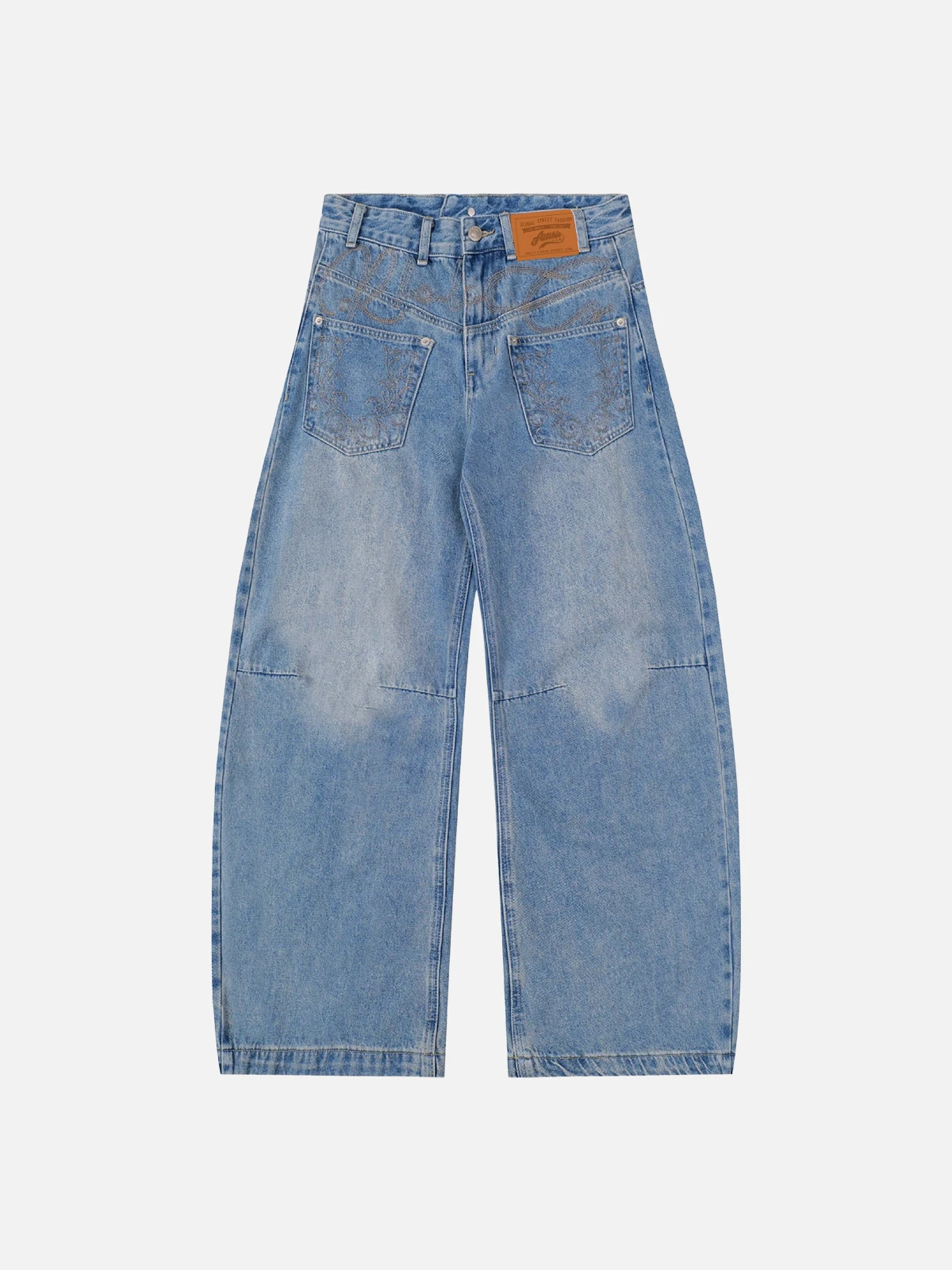 Blue Act Chic Vintage Embroidered Washed Baggy Jeans Front