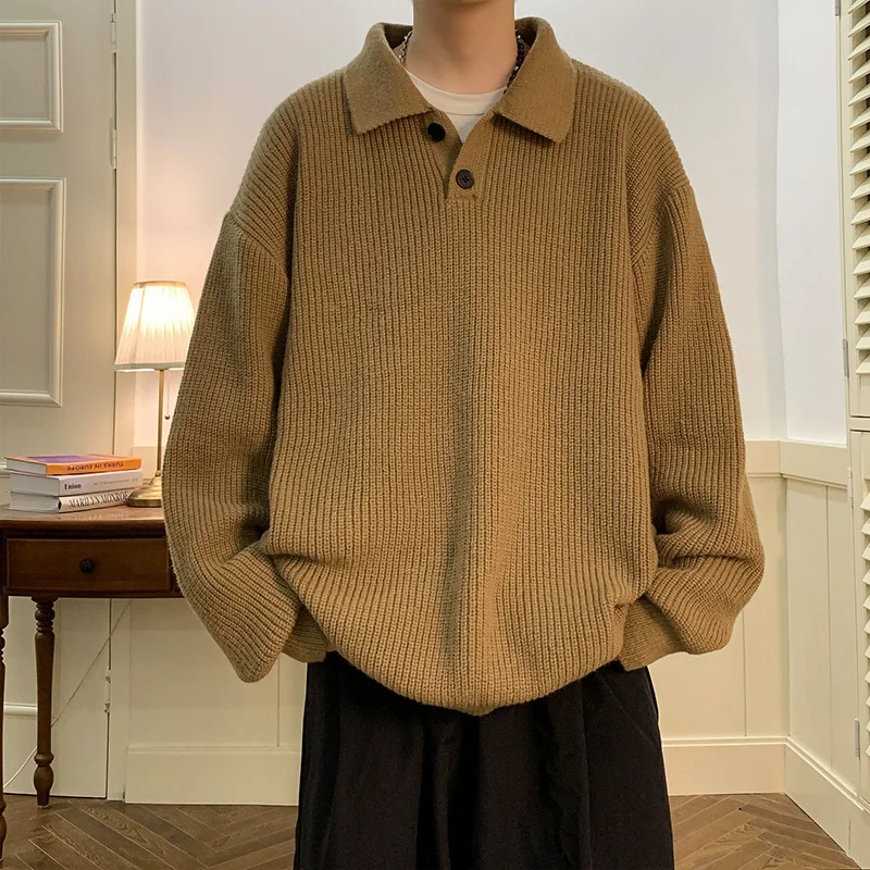 Aonga Vintage Mens Polo Neck Sweater Autumn Winter Long Sleeved Knitted Top Japanese Lazy Style Fashion Loose Knit Sweater Thick aonga