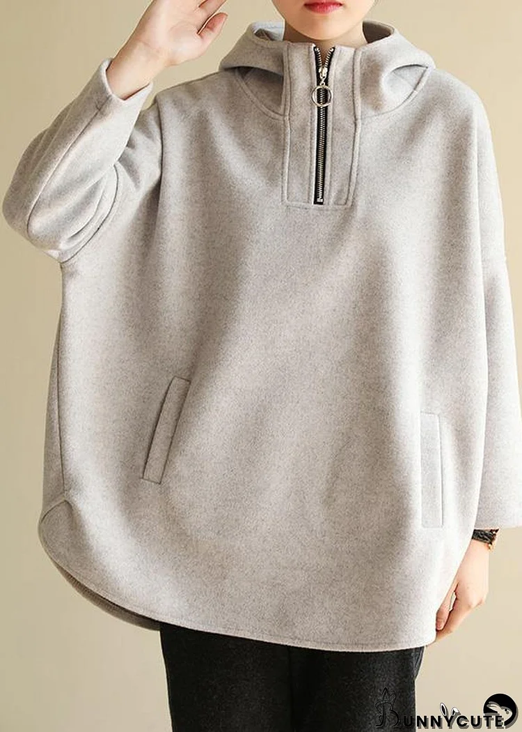 Bohemian zippered cotton hooded crane tops Fabrics gray Sweatshirt