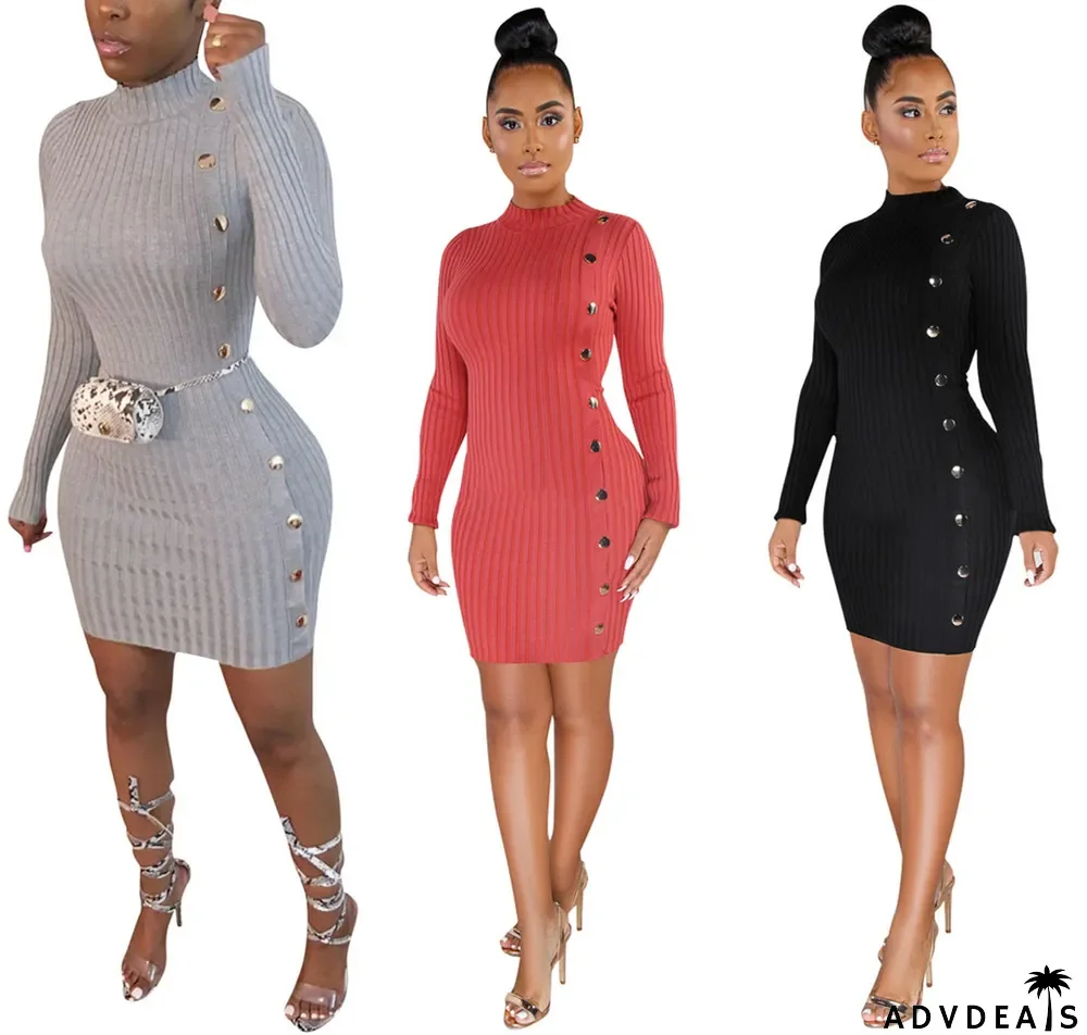 Solid Long Sleeves High Collar Slim Mini Dress