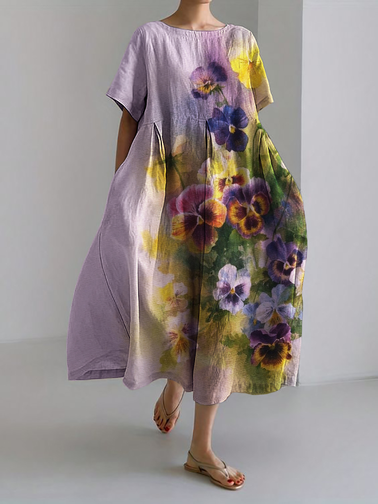 Comstylish Pansy Floral Watercolor Linen Blend Maxi Dress