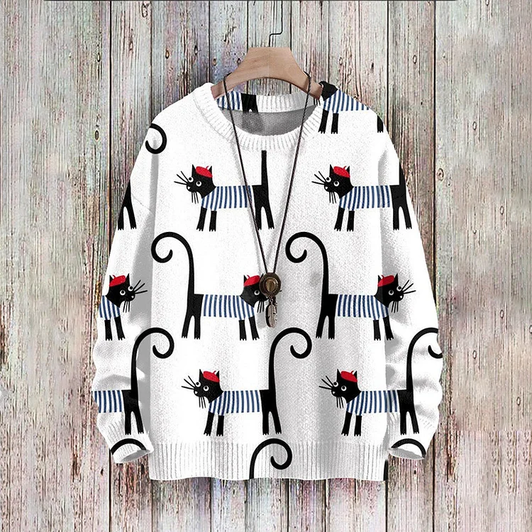 Comstylish Cat Art Print Pullover Knitted Sweater