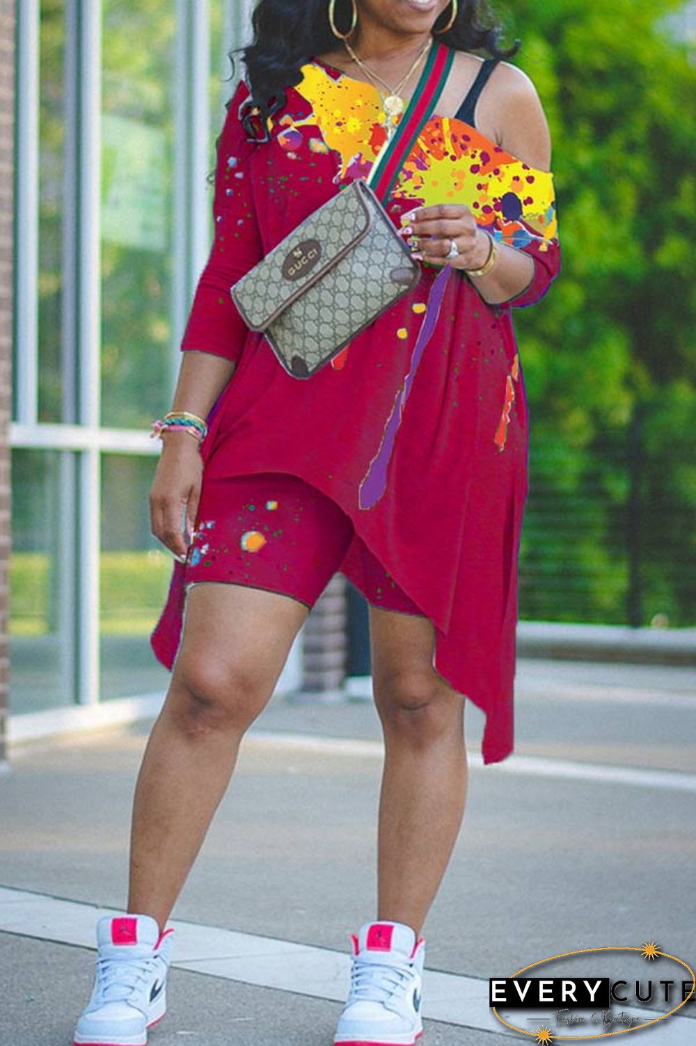 Fashion Print Asymmetrical Oblique Collar Shorts Set