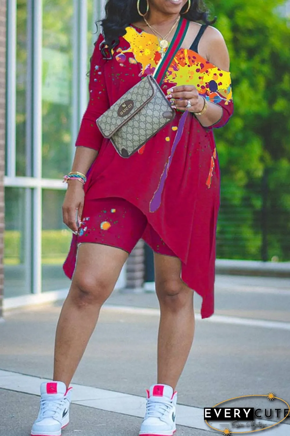 Fashion Print Asymmetrical Oblique Collar Shorts Set