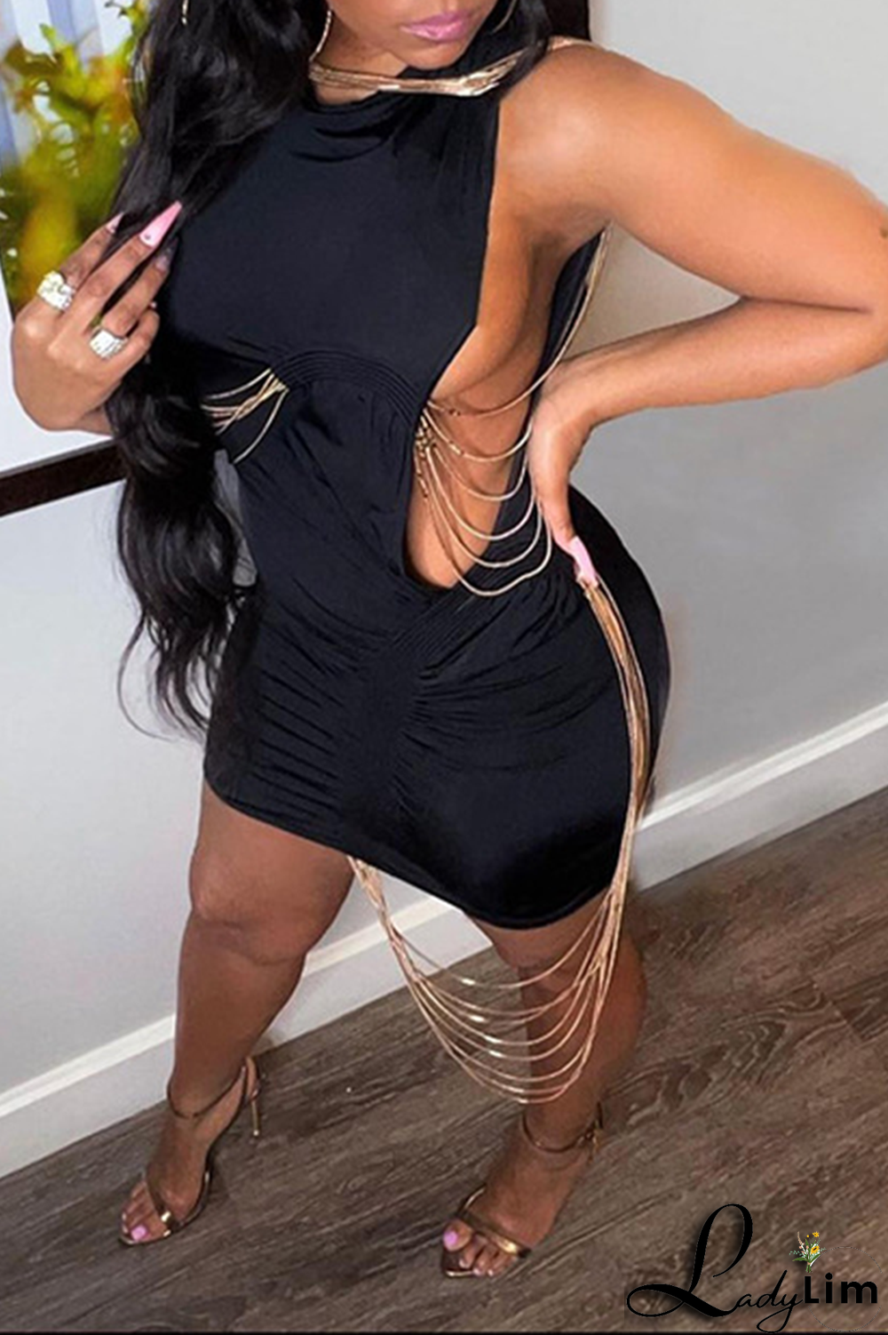 Black Casual Solid Chains O Neck Pencil Skirt Dresses