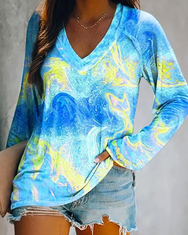 Women's tie-dye printed casual long-sleeved T-shirt-121410