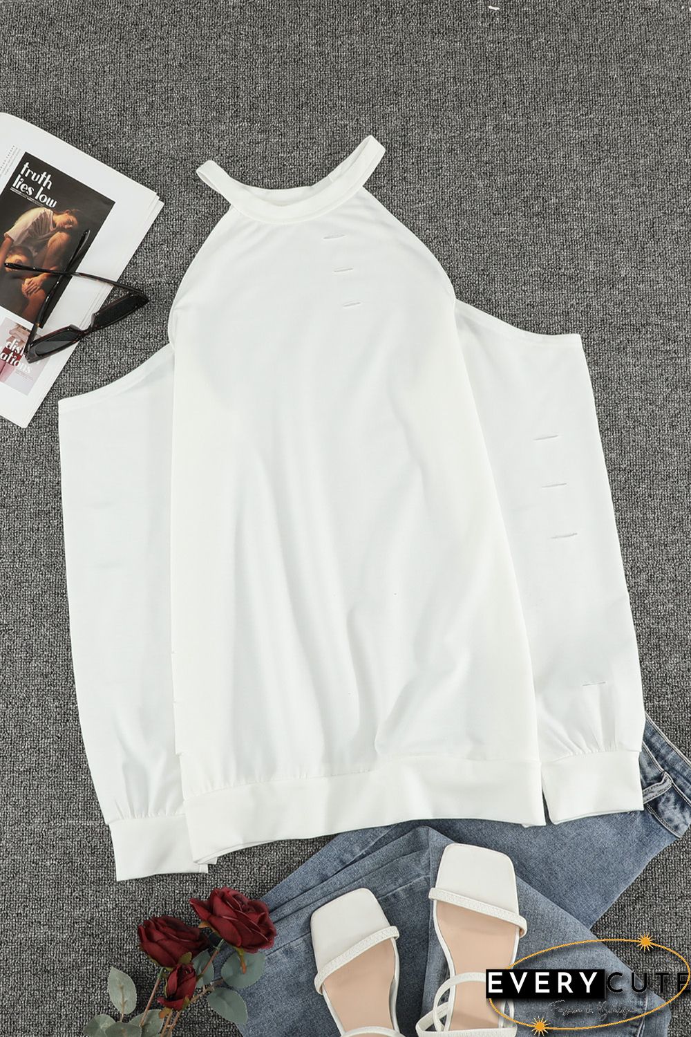 White Hollow Out Off-the-shoulder Long Sleeve T-shirt