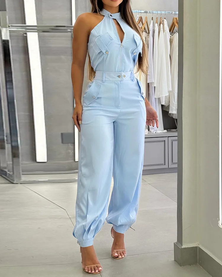 Sleeveless hollow solid color two-piece suit