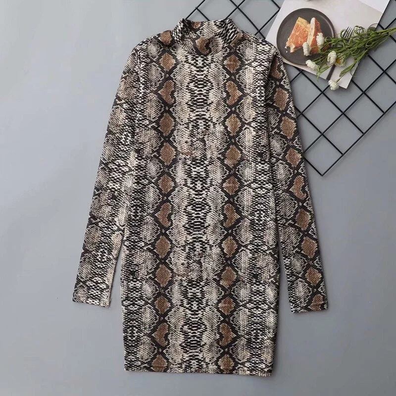 Sexy Snake Skin Bodycon Dress Long Sleeve Autumn Winter Turtleneck Animal Print Vestidos Casual Ladies Knee-length Dresses