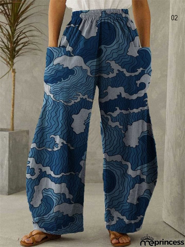 Female Retro Art Printed Loose Plus Size Elastic Waist Wide Leg Pants