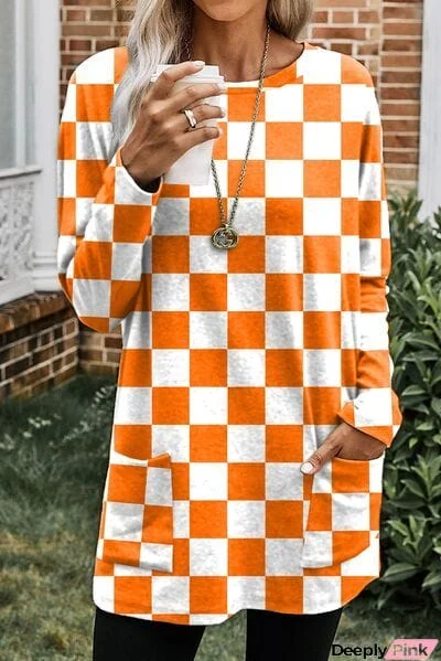 Checkered Round Neck Long Sleeve T-Shirt with Pockets