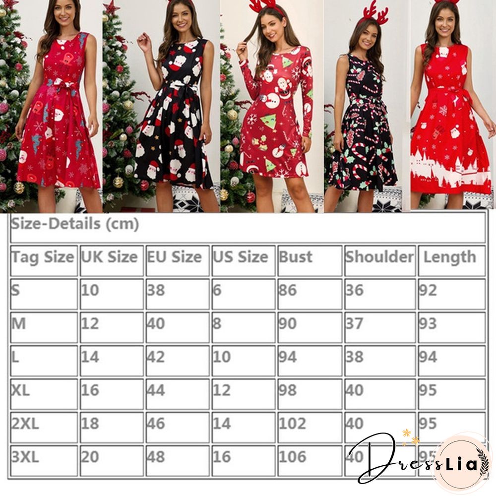 Womens Vintage Sleeveless Santa Christmas 1950s Retro Xmas Evening Prom Swing Dress