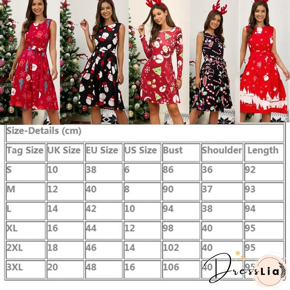 Womens Vintage Sleeveless Santa Christmas 1950s Retro Xmas Evening Prom Swing Dress