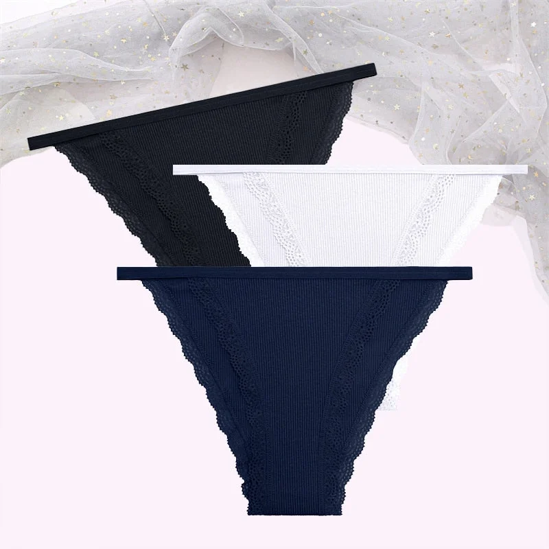 FINETOO Women's Cotton Panties 3Pcs/set Lace Briefs S-XL Comfortable Underwear Ladies Cotton Underpants Soft Panty Intimates New