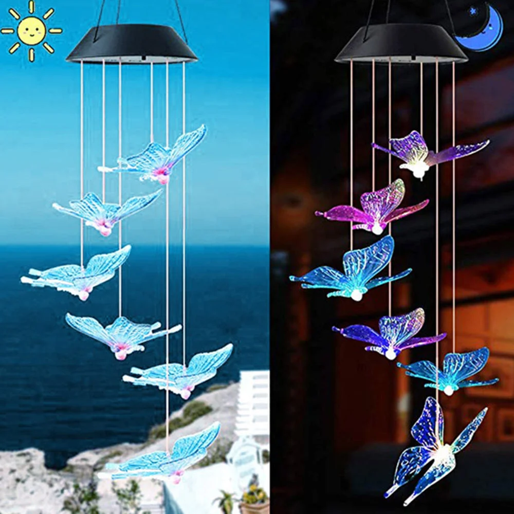 Solar Butterfly Wind Chime Night Light Outdoor Garden Decor