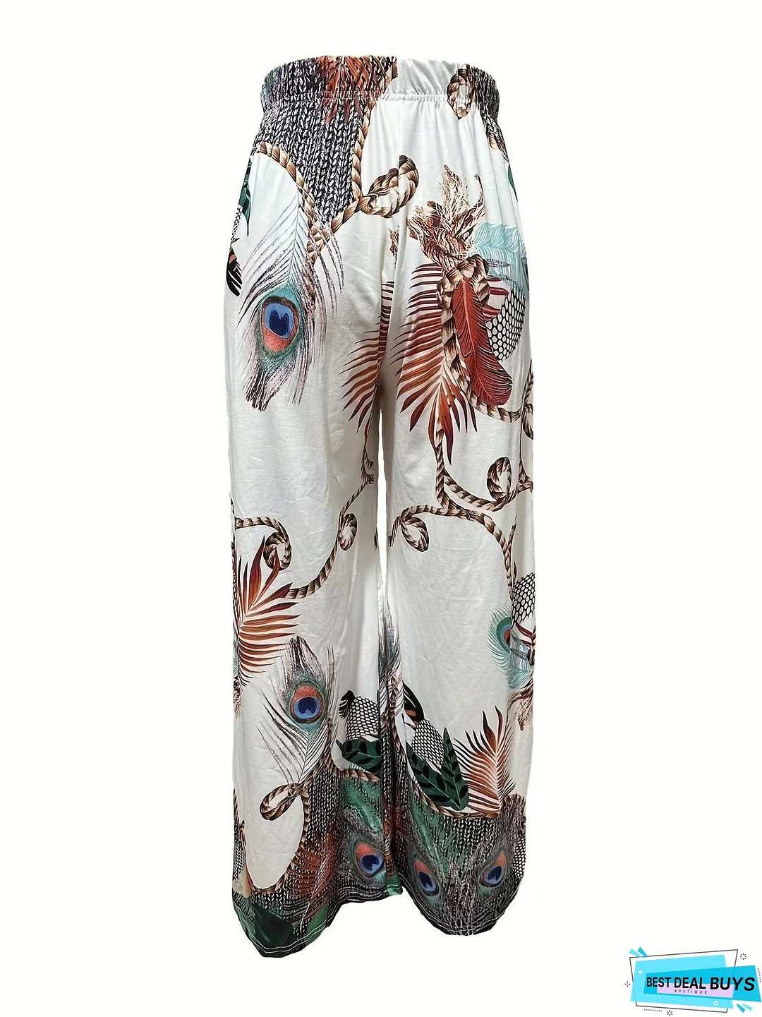 Peacock Print Wide Leg Pants, Retro Drawstring Long Length Palazzo Pants, Women's Clothing