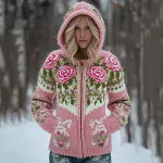 Women's Boho Rose Floral Art Pattern Knit Zip-up Sweater - Image 2