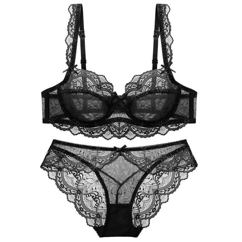 CINOON New Plus Size Bra Set Push Up Bras and Panty Set Embroidery Underwire Lingerie Set Ultrathin Underwear Set Sexy Lace Bra